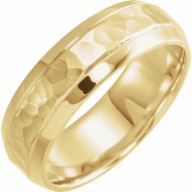 14k gold beveled edge band with hammered texture 7 mm