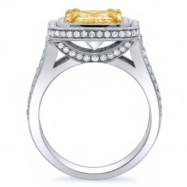 Double halo canary fancy light yellow cushion engagement ring side profile