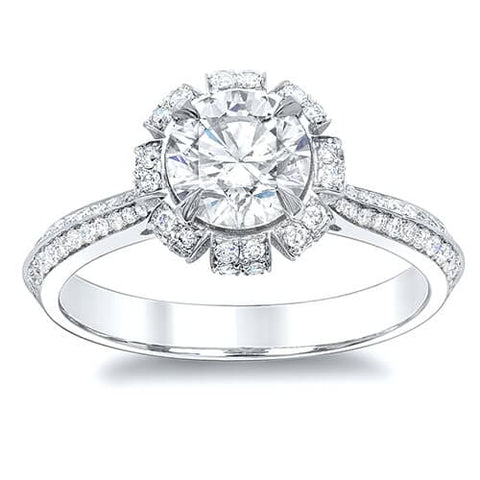 1.31 Ct. Round Brilliant Cut Floral Pave Diamond Engagement Ring F,VS2 GIA