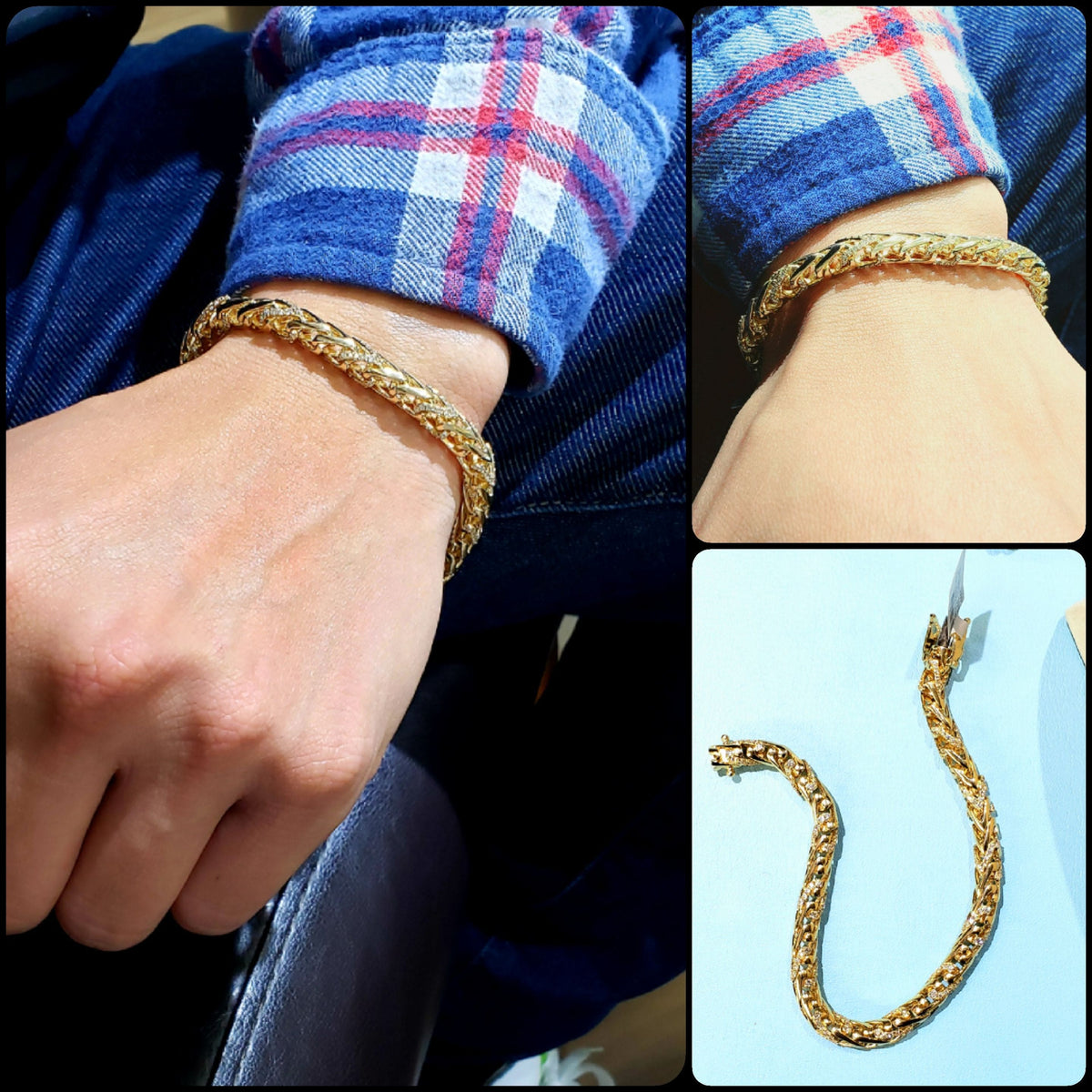 Men's franco chain bracelet with diamonds 14k solid gold 6mm 3