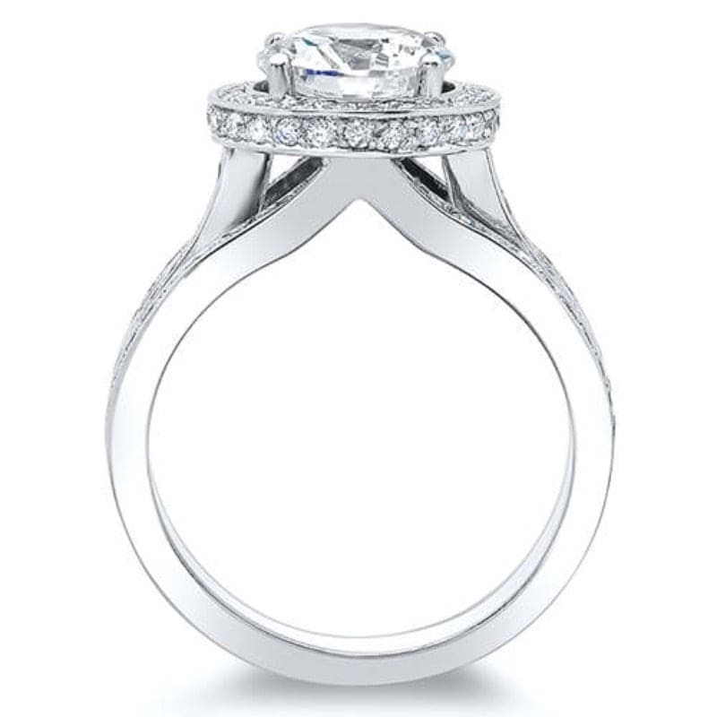 Halo split shank round cut engagement ring profile view