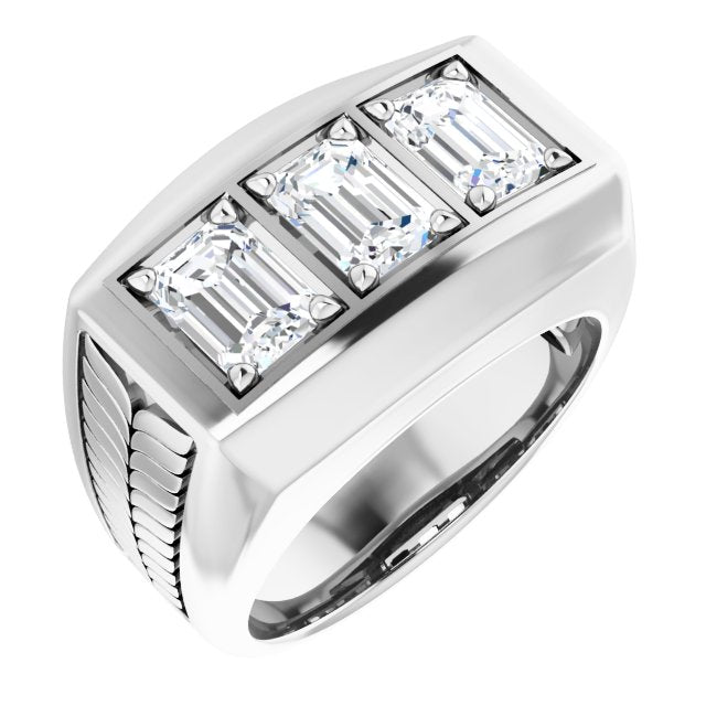 Men's 3 stone diamond ring emerald cut white gold