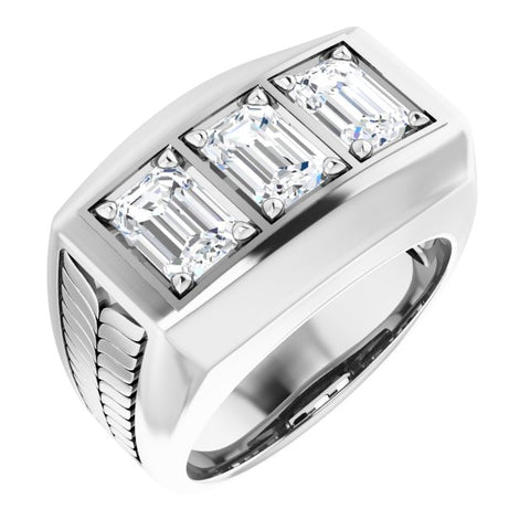Men's 3 Stone Diamond Ring Emerald Cut White Gold