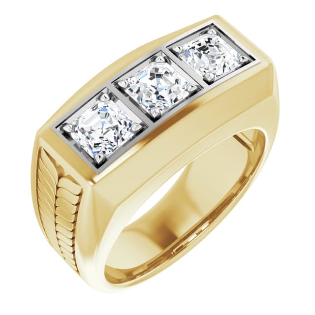 Men's 3 stone asscher cut diamond ring yellow gold