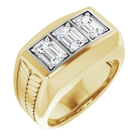 Men's 3 Stone Diamond Ring Emerald Cut Yellow Gold