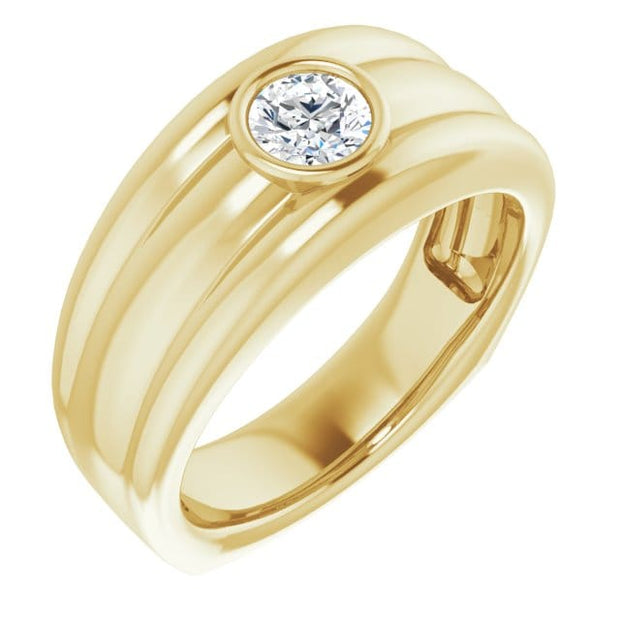  Men's Solitaire Ring Round Cut Bezel Set Yellow Gold