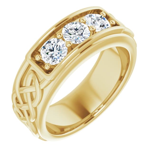 3 stone men's celtic diamond ring in yellow gold