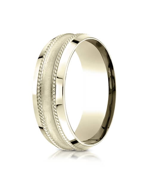 14k White Gold 7.5mm Comfort Fit Center Cut Glass Finish Beveled Rope Design Band - CF67580214kw