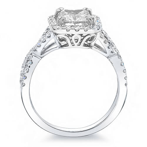 Halo cushion twisted engagement ring side profile