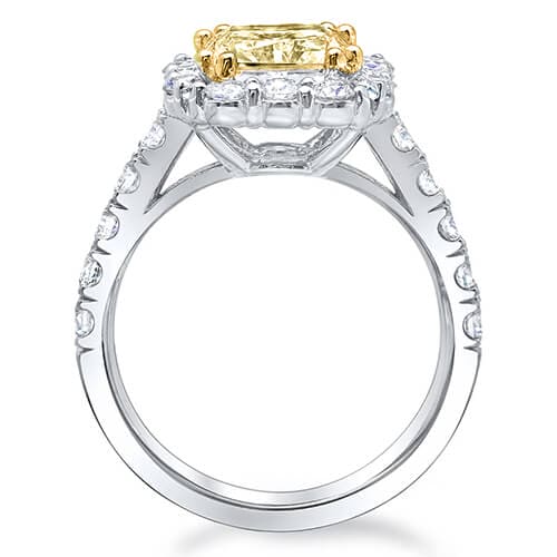 Halo canary fancy yellow cushion cut diamond ring side profile