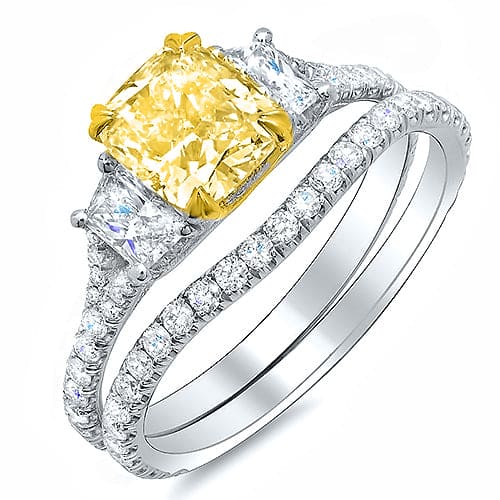 3 stone canary yellow cushion with trapezoids diamond ring set