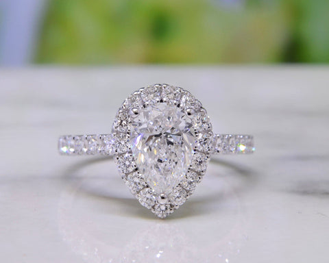 Pear Cut Halo Ring Set, Vintage Style Band – Flawless Moissanite