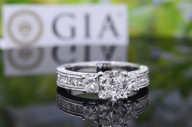 Cushion Cut 3 Stone Engagement Ring with Accents