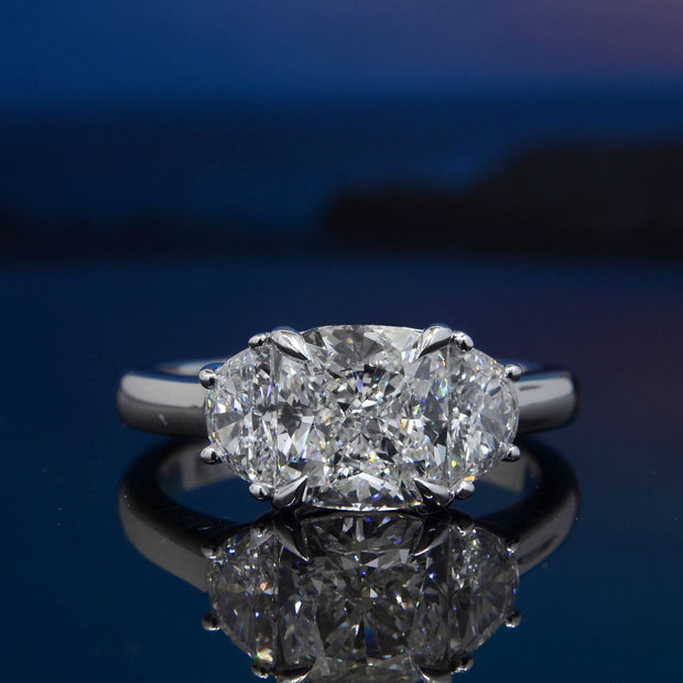 3-stone Cushion Cut Ring with Half Moons Front View