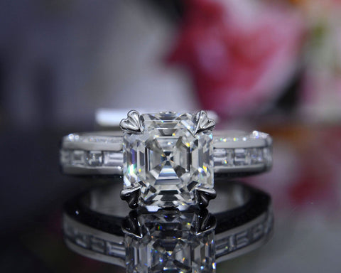 3.20 Ct. Asscher Cut Engagement Ring Baguette Accents G Color VS1 GIA Certified