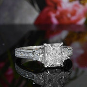 3.20 Ct Radiant Cut 3 Stone Art Deco Engagement Ring Hand-Carved G Color VS2 GIA Certified