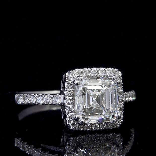 2.00 Ct. Asscher Cut Halo Pave Diamond Ring G Color VVS2 GIA Certified