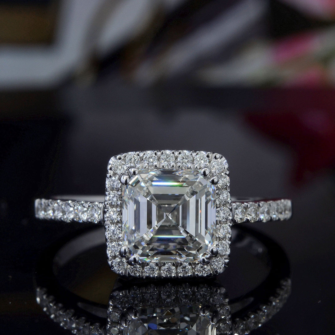 2.00 Ct. Asscher Cut Halo Pave Diamond Ring G Color VVS2 GIA Certified