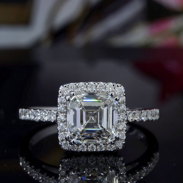 2.00 Ct. Asscher Cut Halo Pave Diamond Ring G Color VVS2 GIA Certified