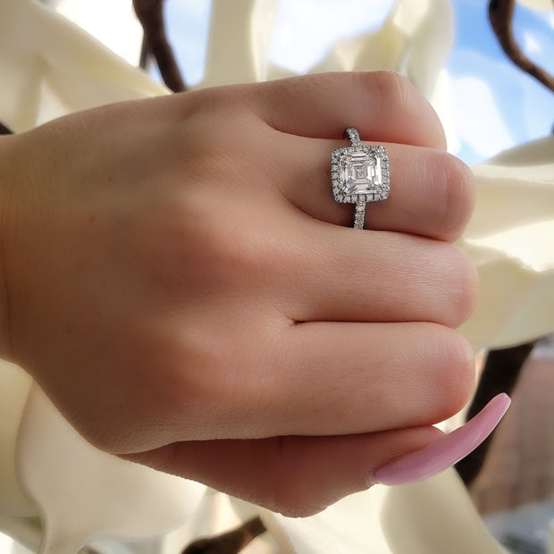2.00 Ct. Asscher Cut Halo Pave Diamond Ring G Color VVS2 GIA Certified