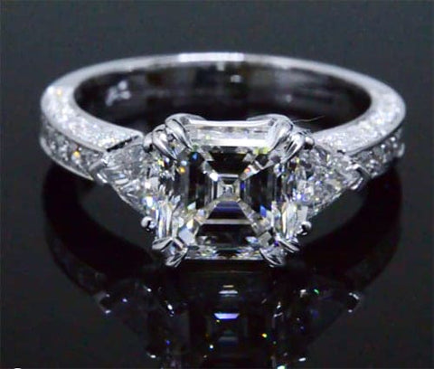 3.10 Asscher Cut Engagement Ring with Trillions G Color VVS2 GIA Certified