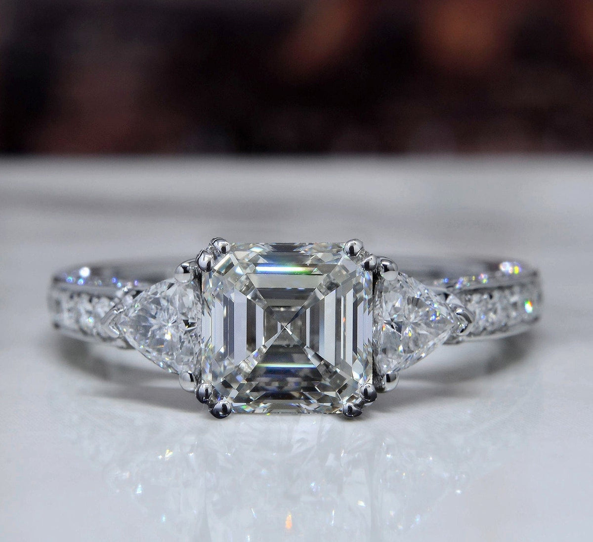 Asscher & trillion 3 stone engagement ring