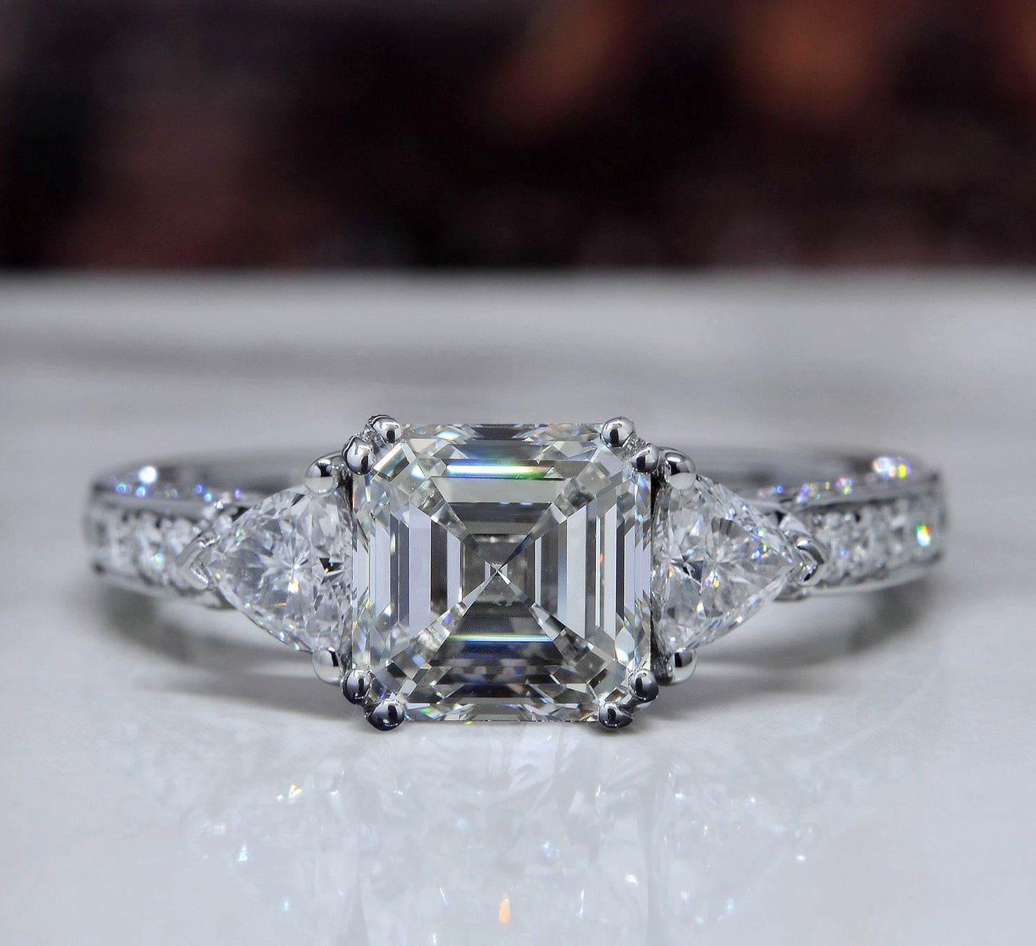 2.40 Ct. Asscher Trillion 3 Stone Engagement Ring I Color VVS1