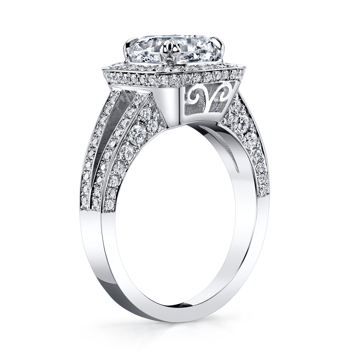 Halo cushion cut split shank pave engagement ring profile view
