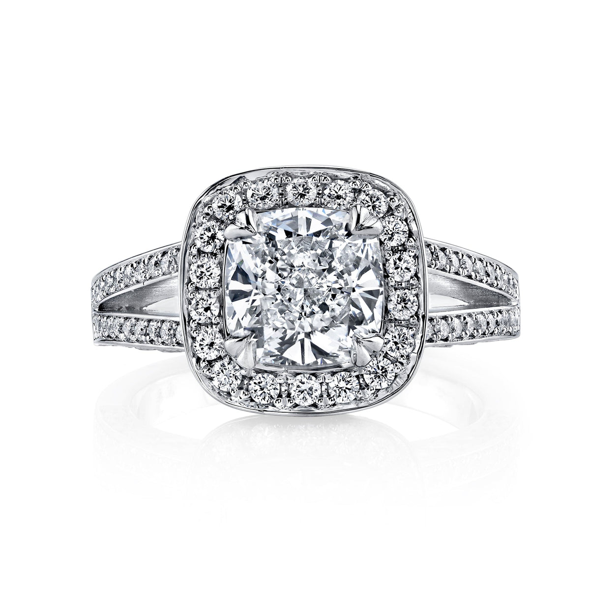 Halo cushion cut split shank diamond engagement ring