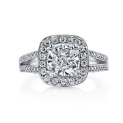 Halo Split Shank Cushion Cut Engagement Ring Front View