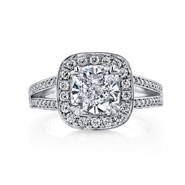 Halo Split Shank Cushion Cut Engagement Ring Front View