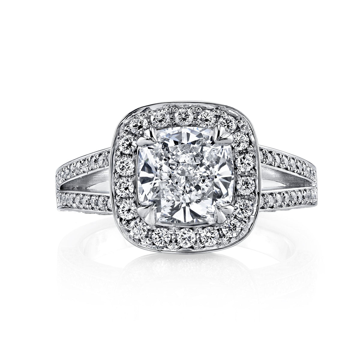 Halo cushion cut split shank diamond engagement ring