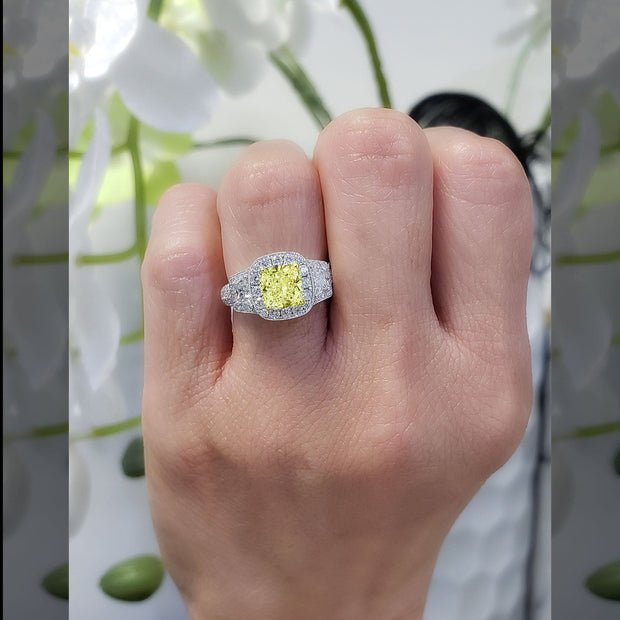 4.35 Ct. Fancy Yellow Canary Cushion & Trapezoid Halo Diamond Ring VS2 GIA Certified
