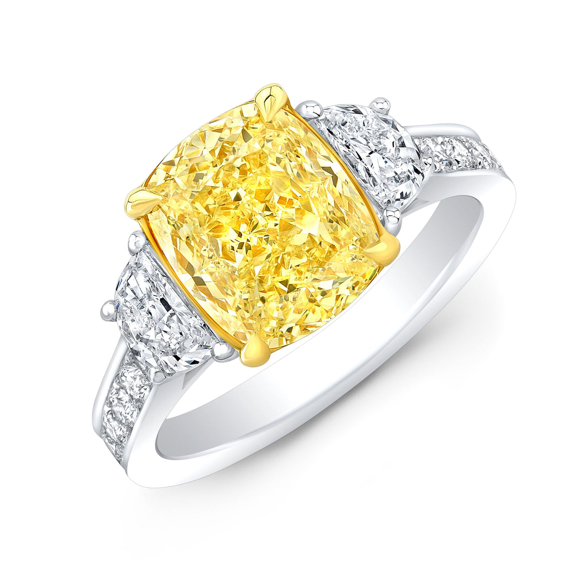 Yellow cushion cut engagement ring with half moons