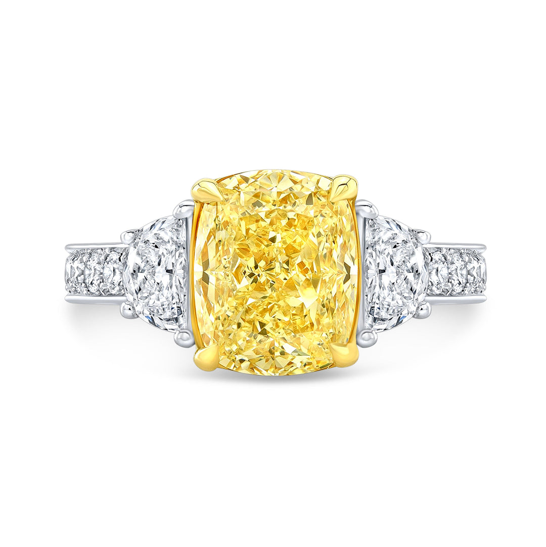Intense Yellow Cushion 3 Stone Ring Front View