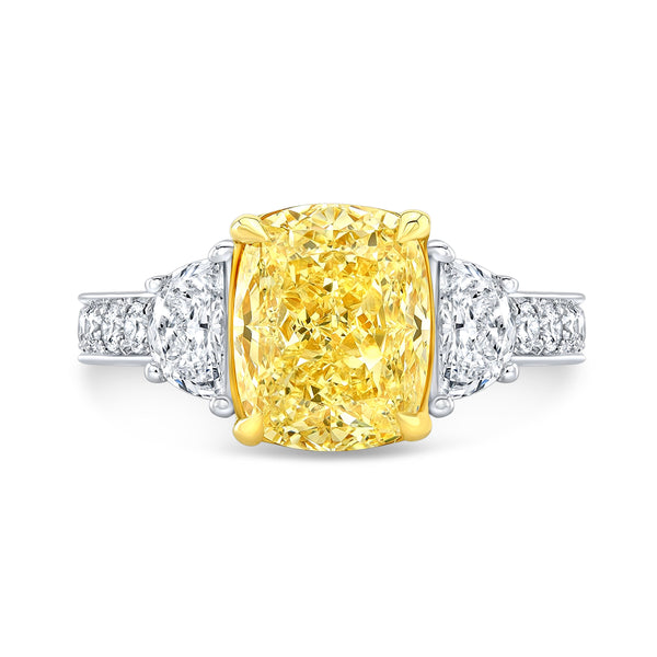 Intense Yellow Cushion 3 Stone Ring Front View