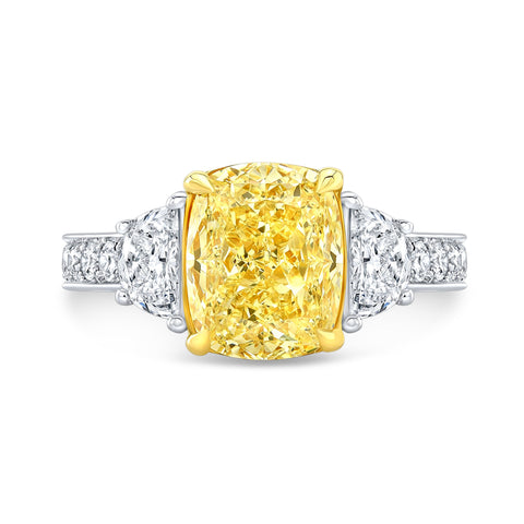 4.05 Ctw Canary Fancy Intense Yellow Cushion 3 Stone Engagement Ring VS1 GIA Certified