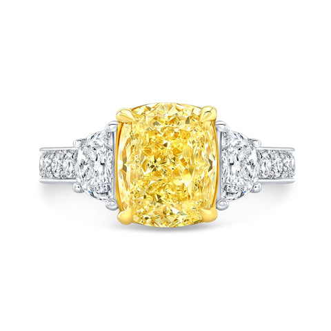 Yellow Cushion Cut Engagement Ring with Half Moons Front View