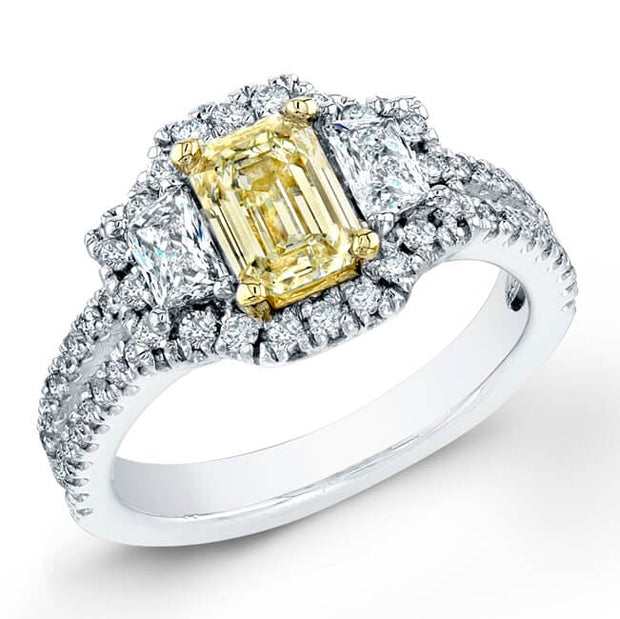 Canary Yellow Emerald Cut Diamond Ring With Trapezoid
