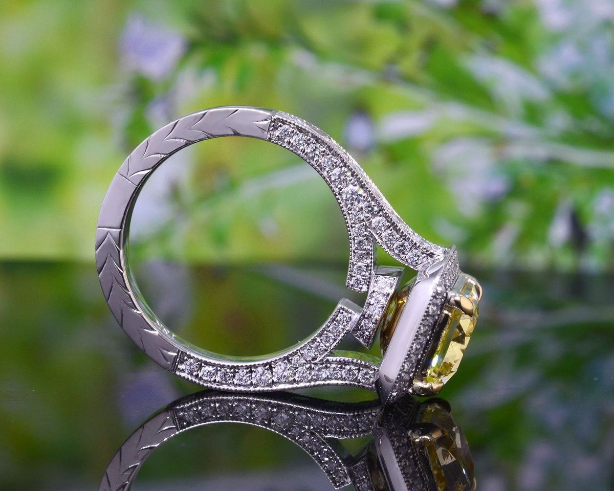 Canary yellow radiant cut halo ring side view art deco with engraving hand made