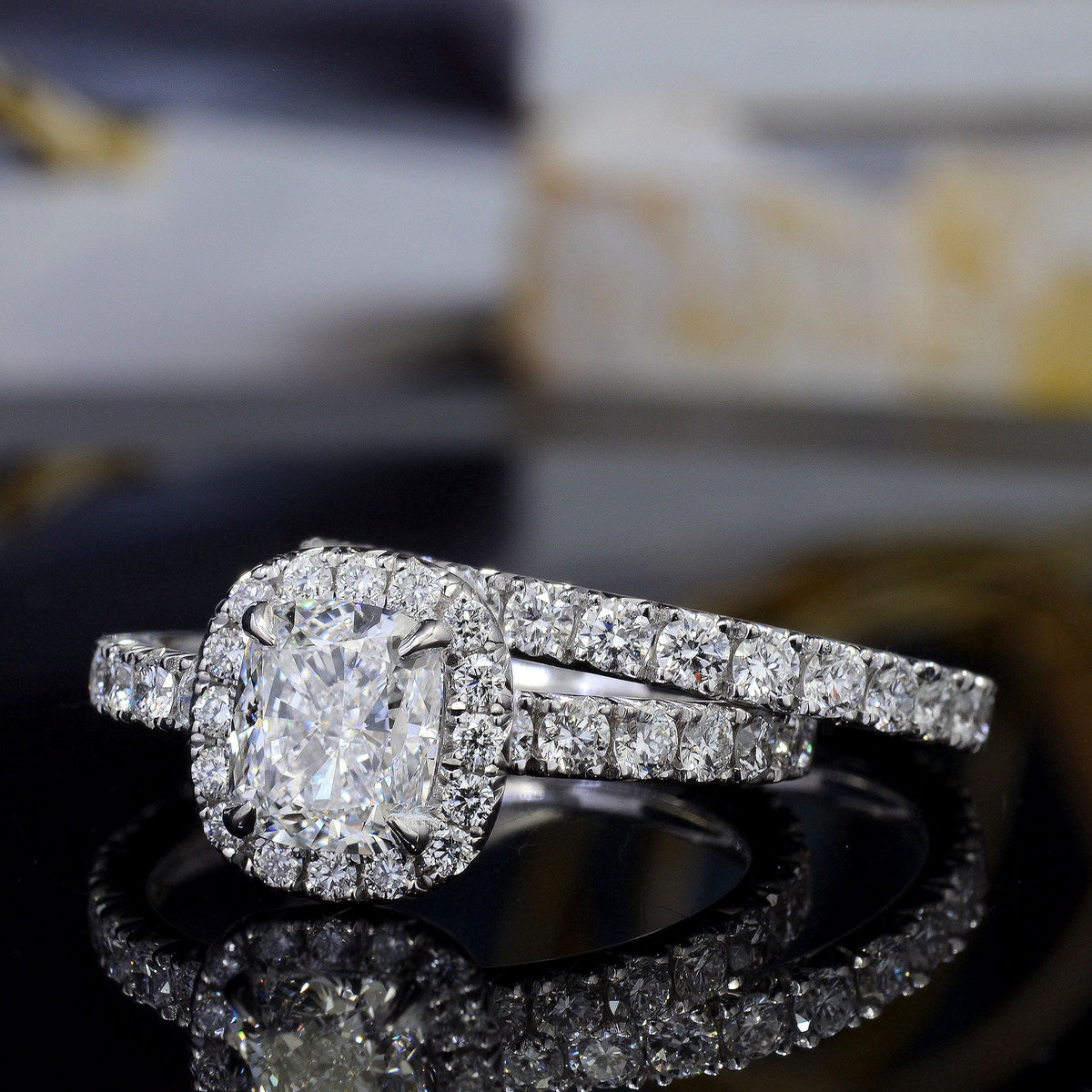 Halo cushion cut engagement ring set