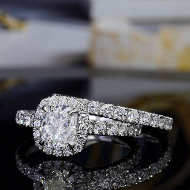 Cushion Cut Halo Engagement Ring Set