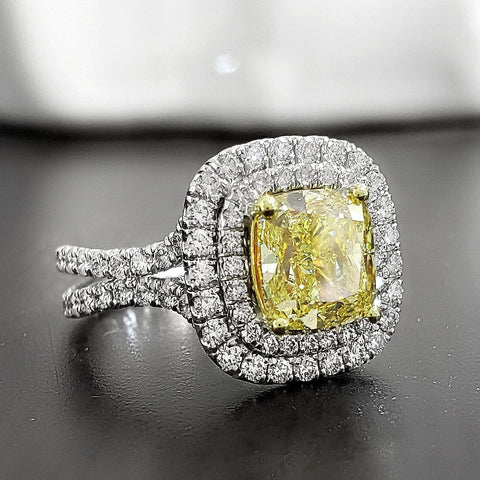 2.35 Ct. Dual Halo Canary Fancy Yellow Cushion Cut Diamond Ring VS2 GIA Certified