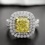 2.35 Ct. Dual Halo Canary Fancy Yellow Cushion Cut Diamond Ring VS2 GIA Certified