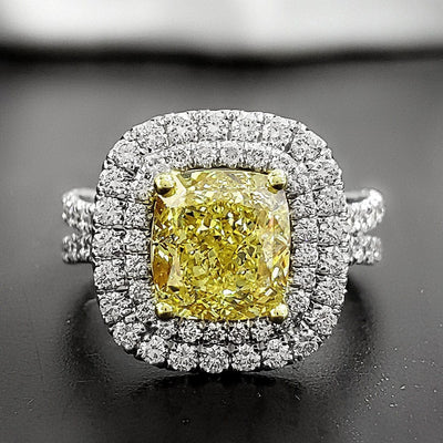 2.35 Ct. Dual Halo Canary Fancy Yellow Cushion Cut Diamond Ring VS2 GIA Certified