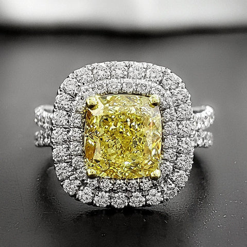 2.35 Ct. Dual Halo Canary Fancy Yellow Cushion Cut Diamond Ring VS2 GIA Certified