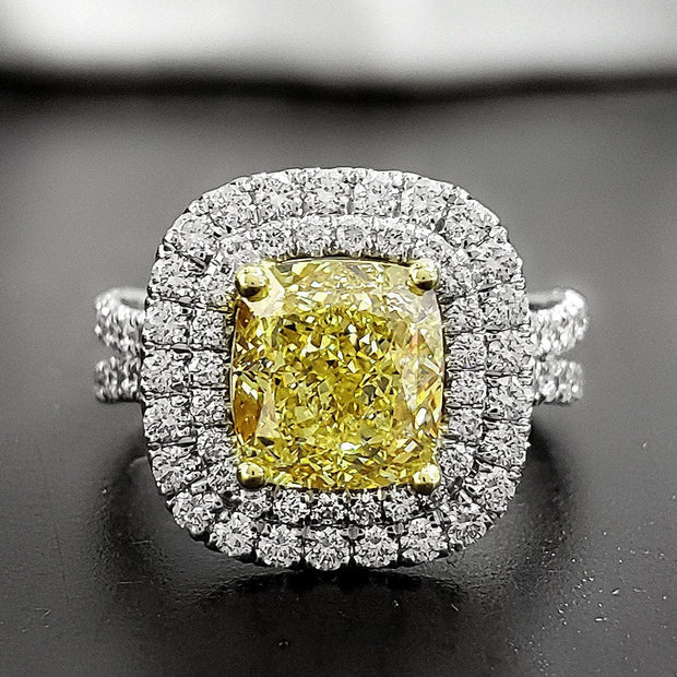 2.35 Ct. Dual Halo Canary Fancy Yellow Cushion Cut Diamond Ring VS2 GIA Certified