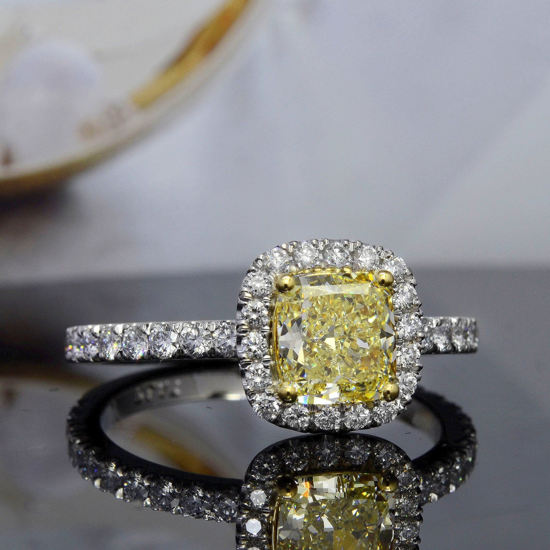 Fancy Yellow Halo Cushion Cut Engagement Ring 