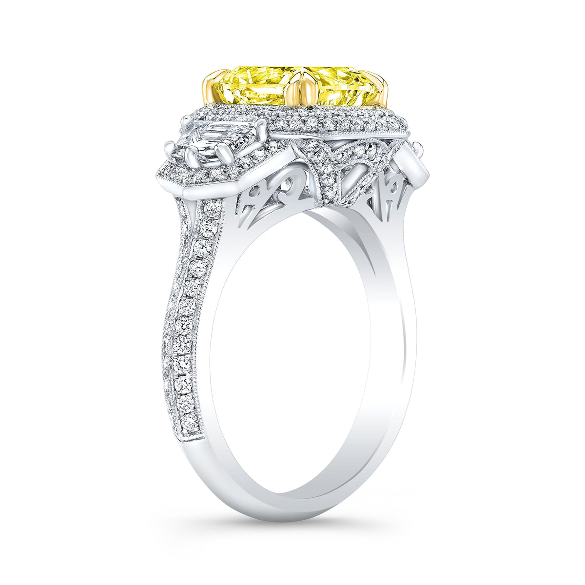 Cadillac with halo fancy light yellow cushion cut diamond ring