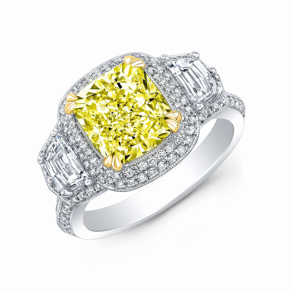Cadillac with halo fancy light yellow cushion cut diamond ring